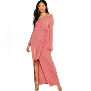 Boohoo Formal Off The Shoulder Thigh Split Bridesmaid Maxi Dress Rose Size 6